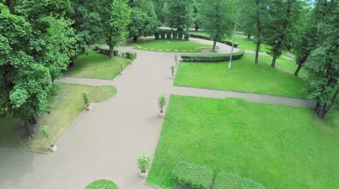 Park with paved paths among plants at summer day. Aerial view Stock Footage 46294539