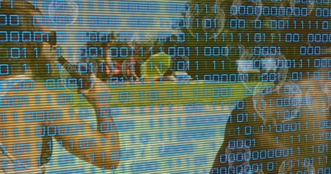 In park, people interacting with binary code animation overlay outdoors Stock Footage 305832729