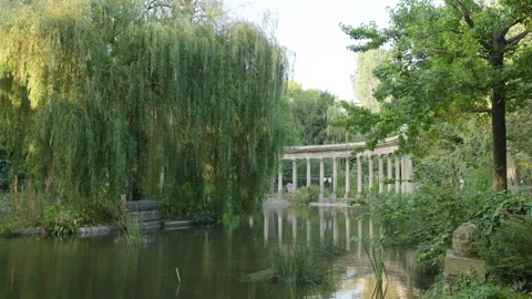 Park Pond with Willow Tree and Colonnade Reflections - Wide View Video stock 340477313