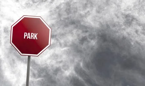 Park, red sign with clouds in background Ilustração Stock