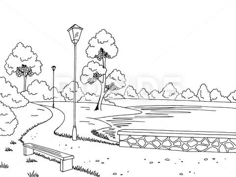 Park river graphic black white landscape sketch illustration vector ...