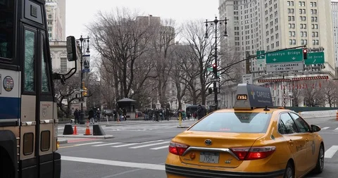 Park Row by the Brooklyn Bridge in lower Manhattan, New York City. Stock Footage 103722004