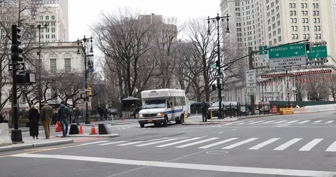 Park Row by the Brooklyn Bridge in lower Manhattan, New York City. Stock Footage 103722185