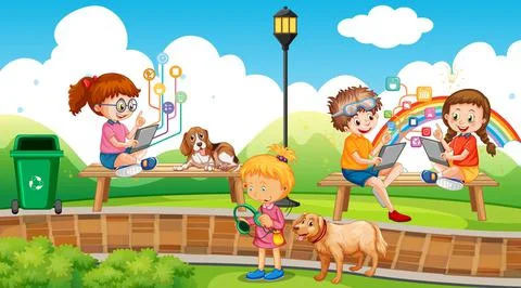 Park scene with children using technology devices Illustrazione stock