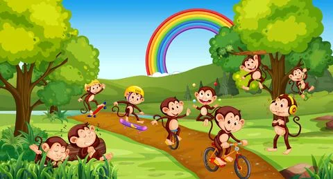Park scene with little monkeys doing different activities Stock Illustration