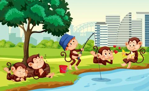 Park scene with little monkeys doing different activities Stock Illustration
