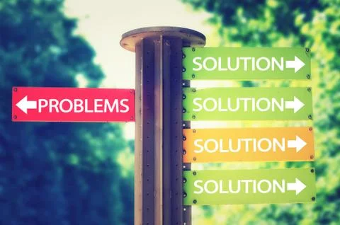 Park signboard with solution and problems arrows pointing in different dire.. Stock Photos