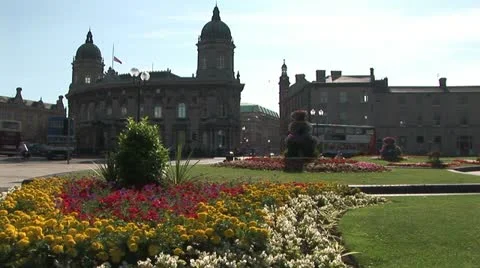 Park square with doubledecker buses Hull UK Stock Footage 11638412