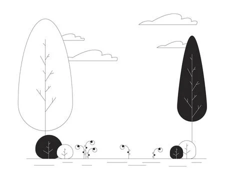 Park trees clouds black and white cartoon flat illustration Ilustração Stock