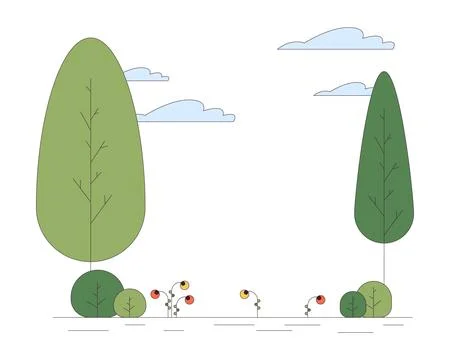 Park trees clouds line cartoon flat illustration Ilustração Stock