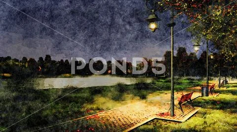 Park walkway at autumn night watercolor landscape Stock Illustration