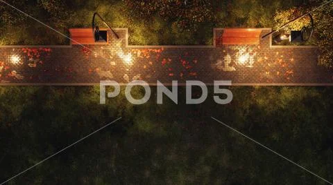 Park walkway with benches at autumn night top view Stock Illustration