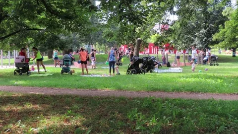 Park Workout for a group of women with their babies Stock Footage