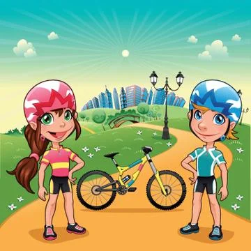 Park with young bikers. Stock Illustration