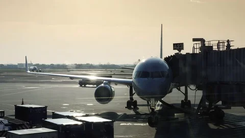 Parked Airplane At Terminal Stock Footage 71590328