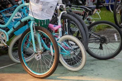 Parked bikes in summer Stock Photos