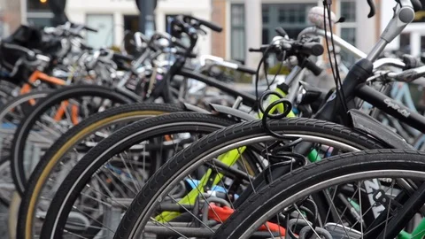 Parked bycicles Stock Footage