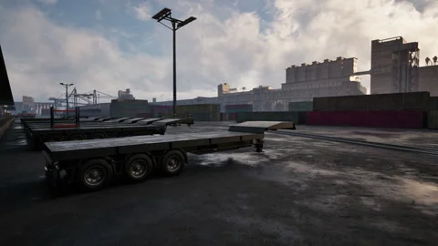 Parked Flatbed Trailer in Parking Lot Stock Footage 285943671