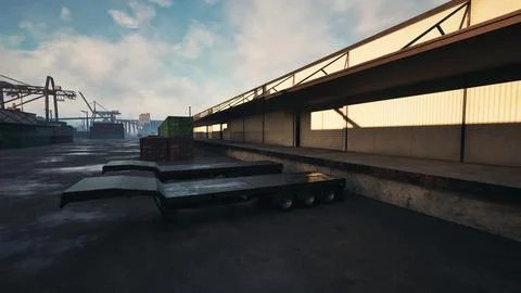 Parked Flatbed Trailer on Side of Road Stock Illustration