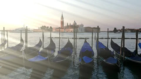 Parked gondolas on Piazza San Marco and The Doge's Palace embankment with the be Stock Footage 66480683