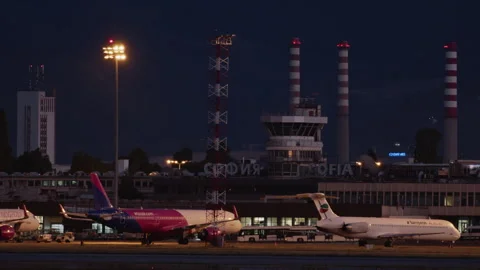 Parked Planes at Sofia Airport Terminal 1, Sofia, Bulgaria Video stock 264947659