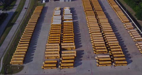 Parked School Buses Drone Pan 4 Stock Footage 138072239