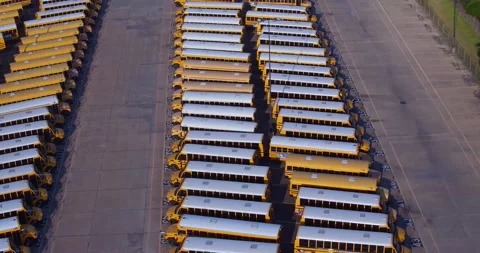 Parked School Buses Drone Pan  1 Stock Footage 138072341