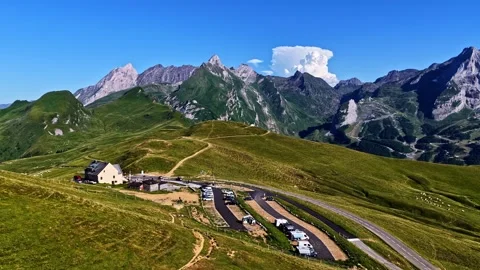 Parking Area and Building at Col d'Aubisque Mountain Pass on Clear Summer Day Stock Footage 341536474