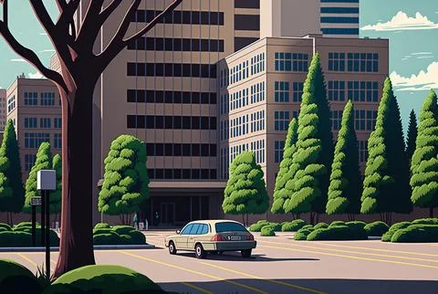 Parking area with a view of the city's buildings and trees. Generative AI Stock Illustration