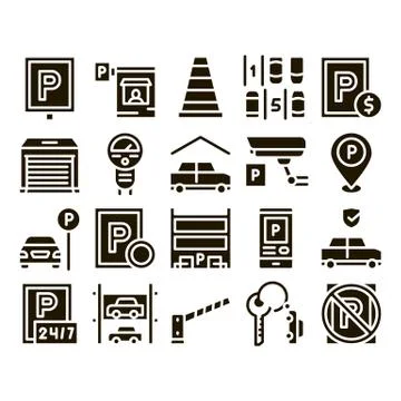 Parking Car Collection Elements Icons Set Vector Stock Illustration