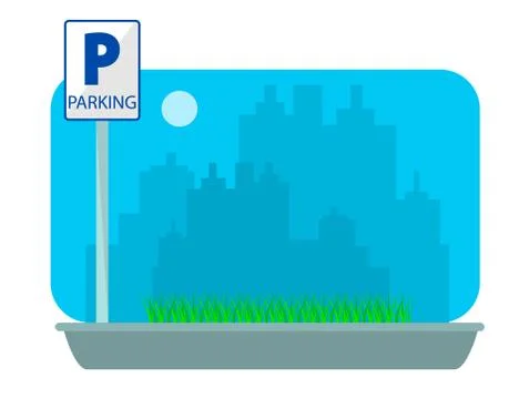Parking concept in flat style over city silhouette. Flat Illustration Stock Illustration