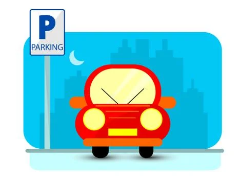 Parking concept with red Car in flat style over city silhouette. Flat Illustr Illustrazione stock