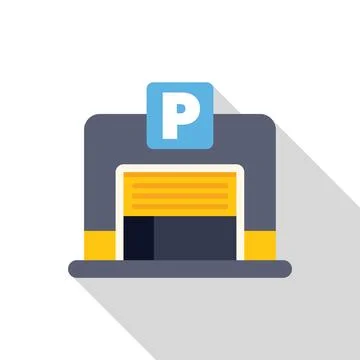 Parking garage building with closed shutter door and p sign in flat design st Ilustración de archivo
