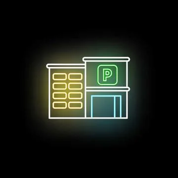 Parking garage building structure glowing neon sign Ilustración de archivo