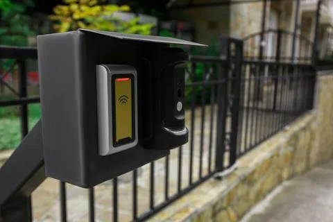 Parking intercom system outdoors, closeup. Space for text Foto stock