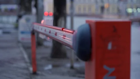 Parking lot automatic road boom barrier system gate on a city street. Stock Footage 125087102
