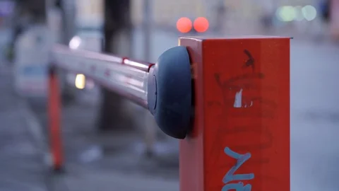 Parking lot automatic road boom barrier system gate on a city street. Stock Footage 127750089