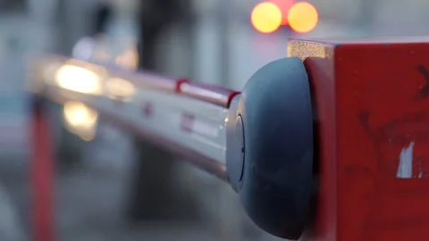 Parking lot automatic road boom barrier system gate on a city street. Stock Footage 135595216