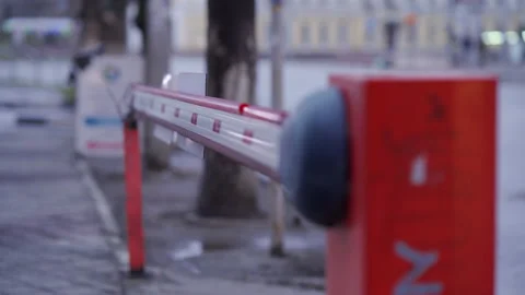 Parking lot automatic road boom barrier system gate on a city street. Stock Footage 144472152