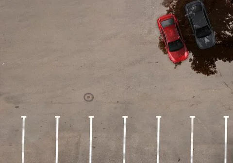 Parking lot with empty parking spots and cars parked under a tree Stock Illustration