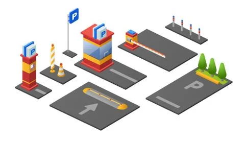 Parking lot isometric 3D vector illustration of checkpoint parkomat barrier and Stock Illustration