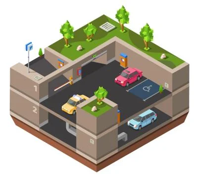 Parking lot isometric 3D vector illustration for construction design of cars Stock Illustration