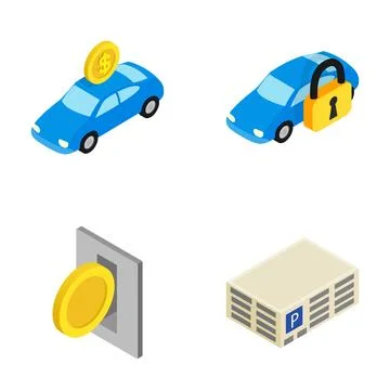 Parking lot payment security isometric icon set Stock Illustration