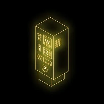 Parking meter machine glowing with golden neon light on black background Stock Illustration