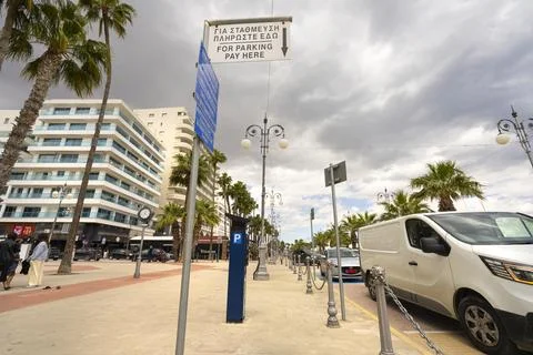 A parking payment column on the seafront in Larnaca, Cyprus 库存照片
