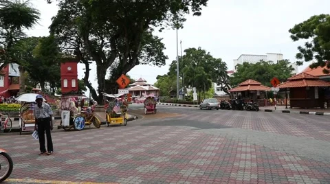 Parking rickshaws on the  Dutch Square in Malacca. Stock Footage 49362032