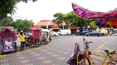 Parking rickshaws on the  Dutch Square in Malacca. Stock Footage 49362100