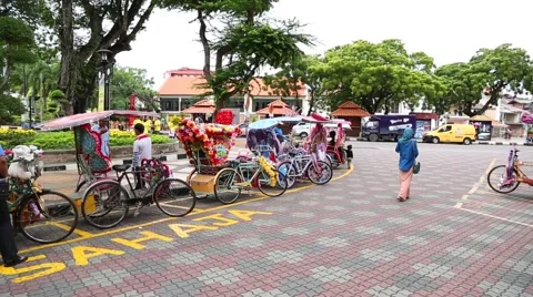 Parking rickshaws on the  Dutch Square in Malacca. Stock Footage 49362340