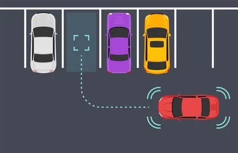 Parking smart car sensor autonomous view. Automobile park assist drive safety Ilustración de archivo