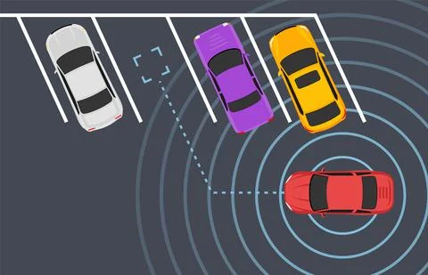 Parking smart car sensor autonomous view. Automobile park assist drive safety Ilustración de archivo